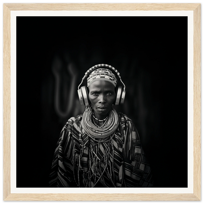 Striking black and white portrait in Tribal Why-Fi special edition art™ with jewelry and headphones