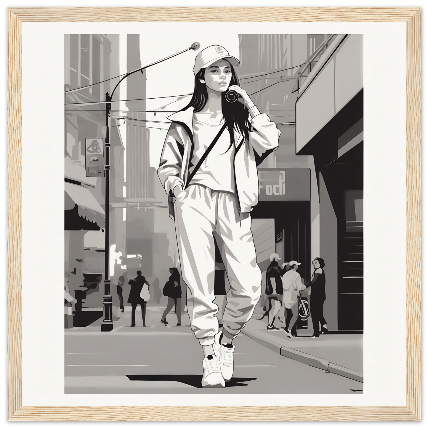 Black and white illustration of a person in Urban Dreamwalk Vogue casual streetwear