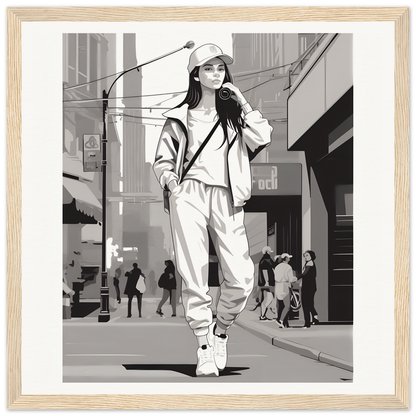 Black and white illustration of a person in Urban Dreamwalk Vogue casual streetwear