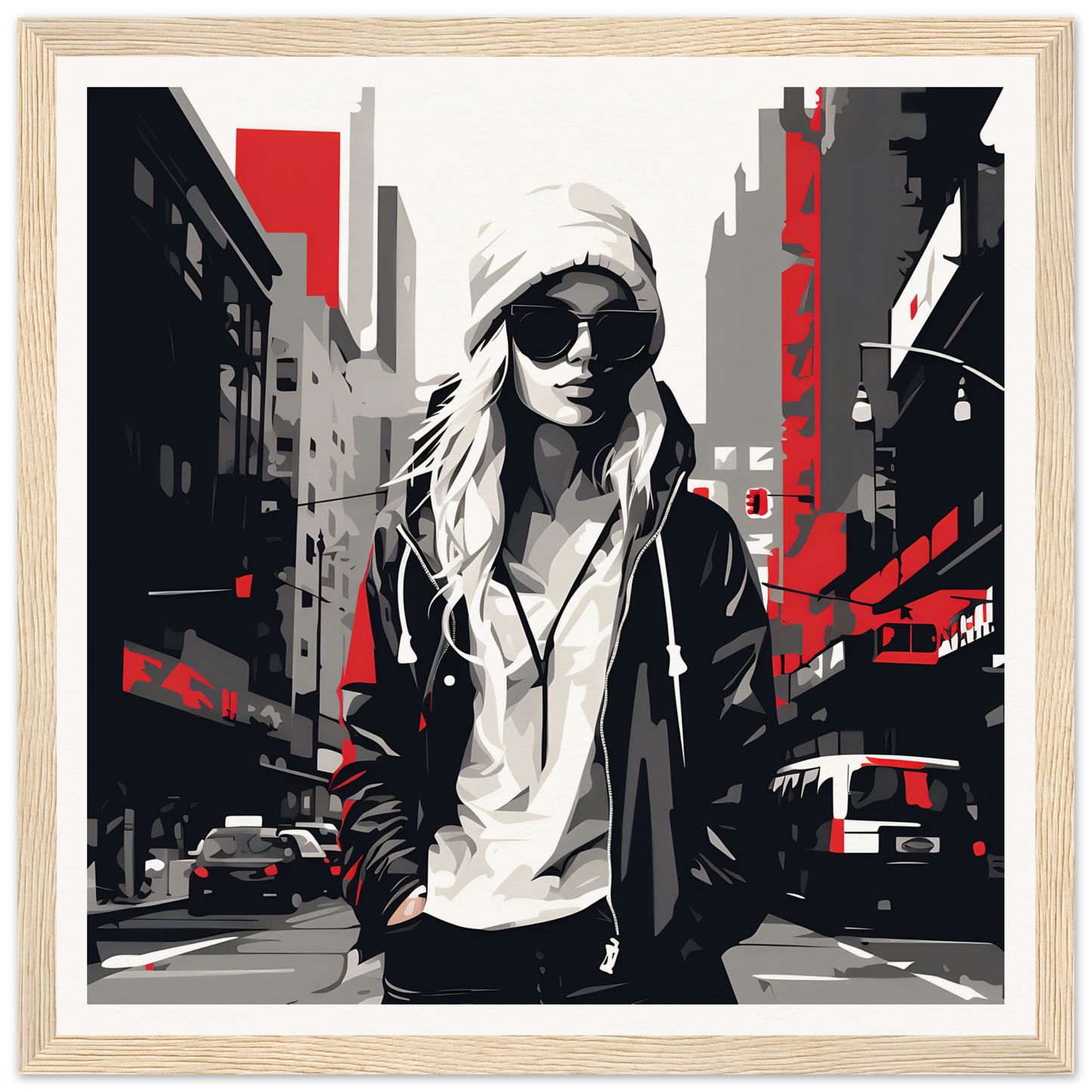 Stylized urban Spirit Redux art of a figure in shades on a city street, framed poster