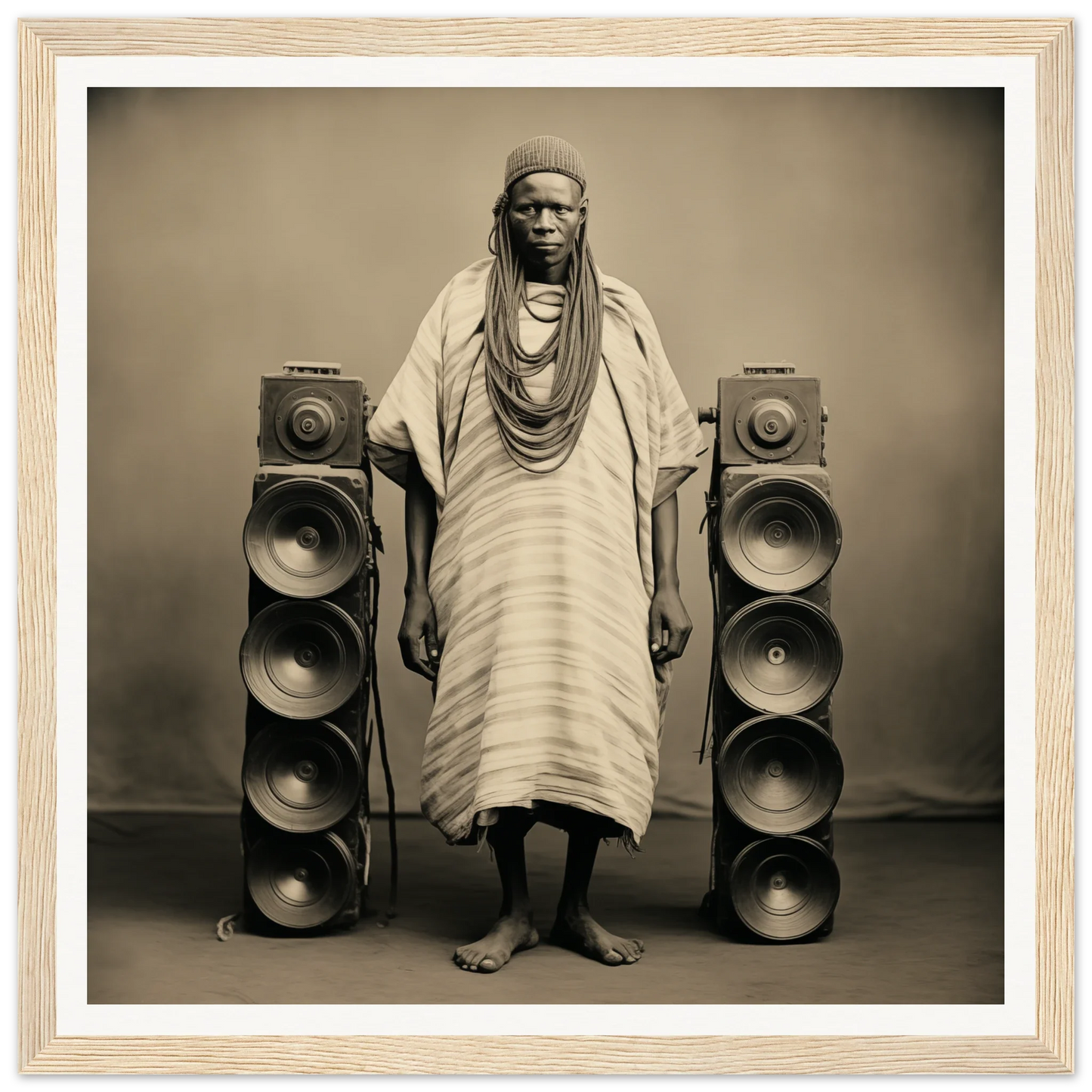 Person in traditional African robes beside speakers, showcasing Voices Amid Pixels special edition art