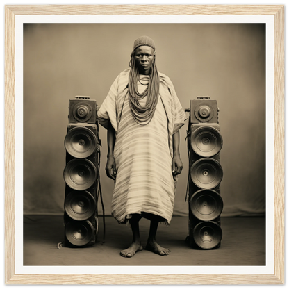 Person in traditional African robes beside speakers, showcasing Voices Amid Pixels special edition art