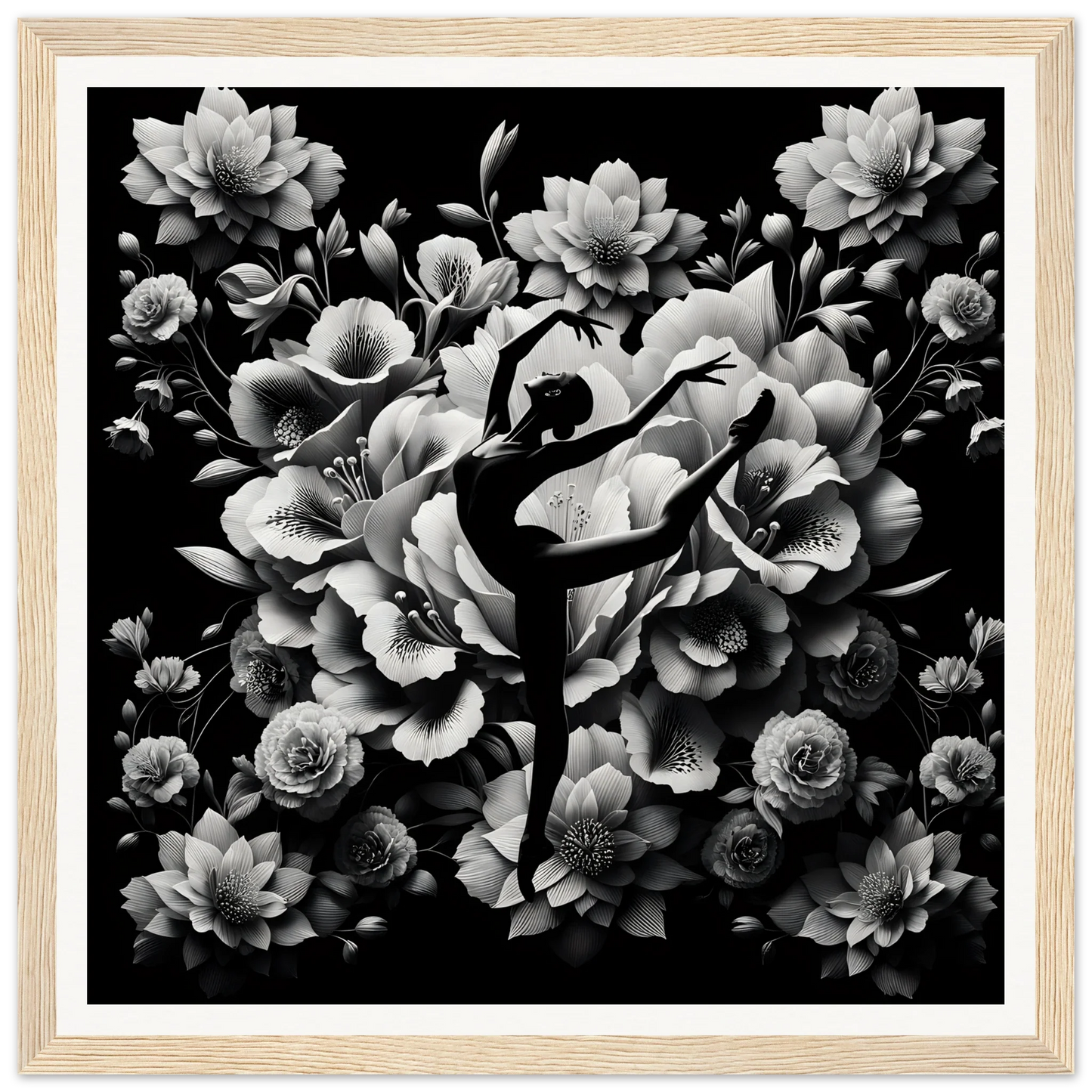 Silhouetted ballet dancer in arabesque with flowers for Waltzing Bloom Synthesis framed posters