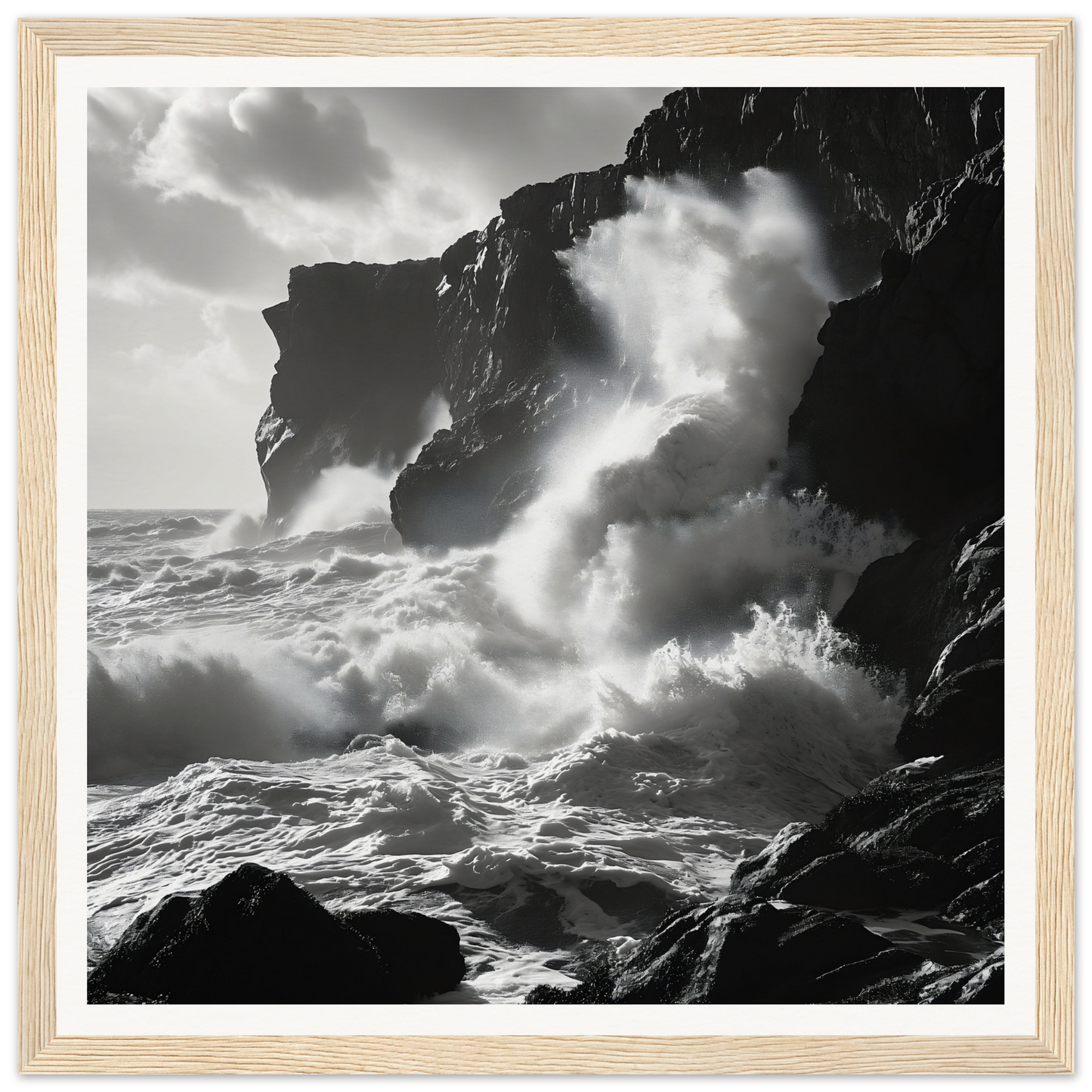 Dramatic black and white ocean waves crashing on cliffs in Waves’ Wild Gambit art