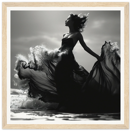 A stunning silhouette in a flowing dress capturing the essence of Wavewoven Elegance