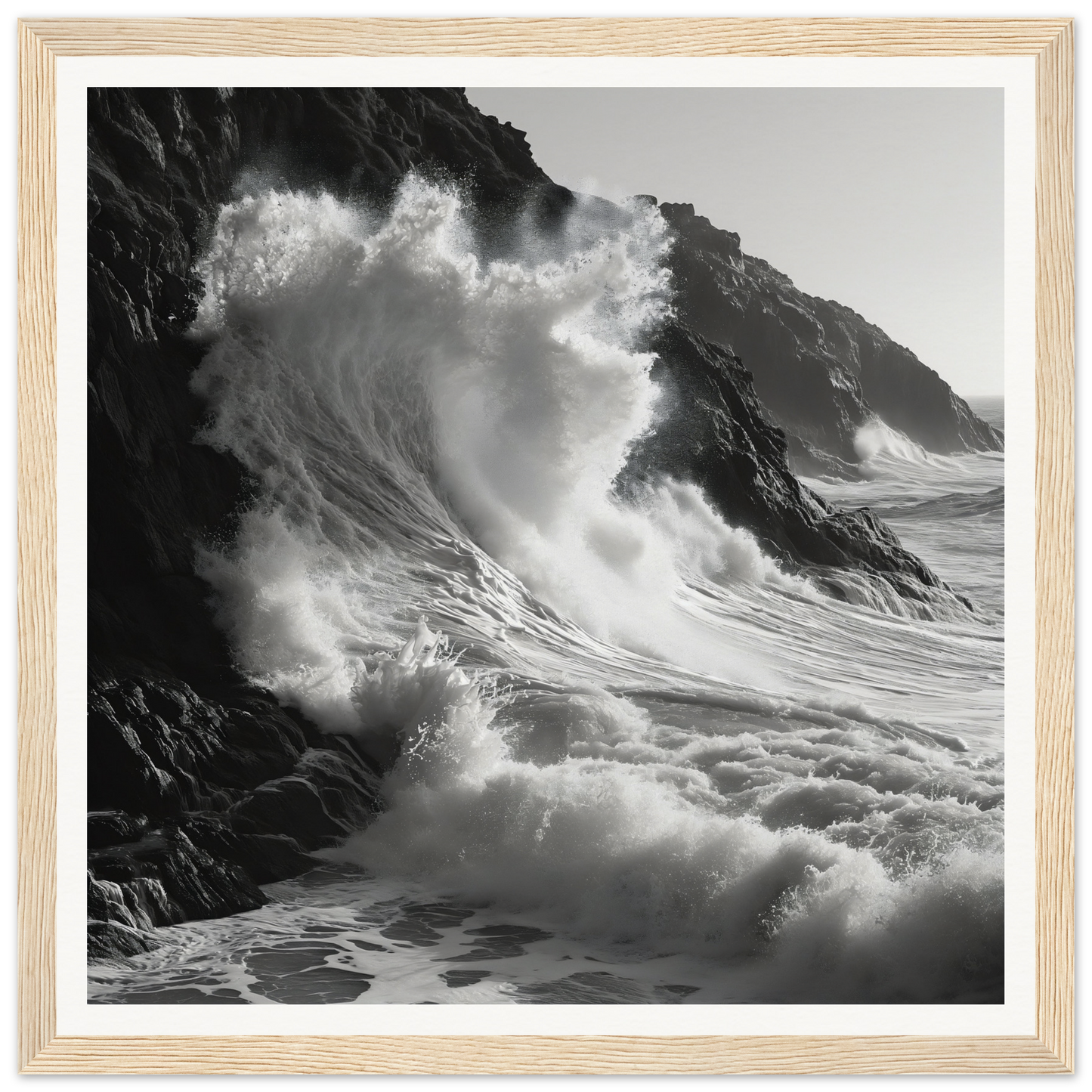 Powerful ocean wave crashing on rocky cliffs in Whirlwind’s Whisper special edition art™