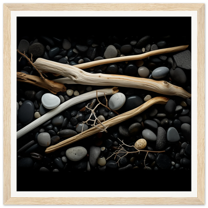 Weathered driftwood on river stones in Whispers Earthward Serenade special edition art™