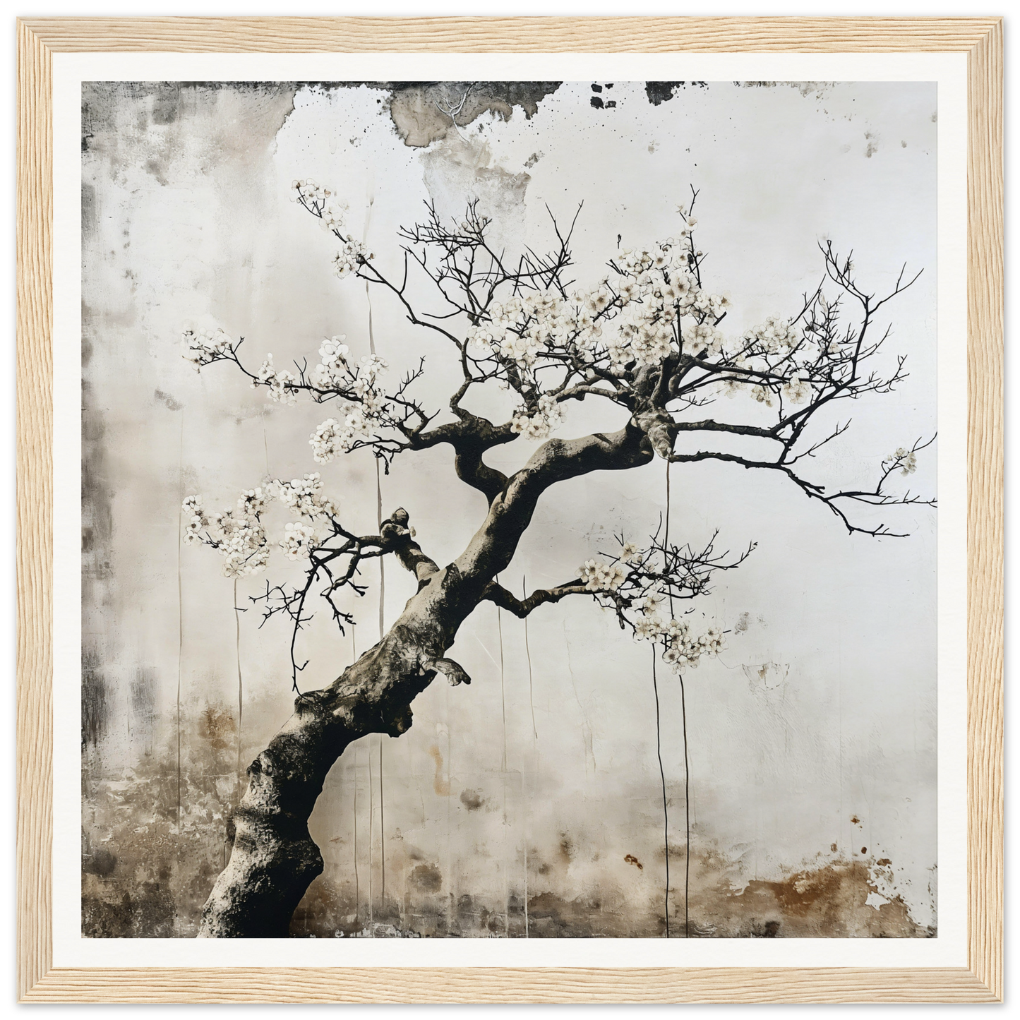 Twisted tree branch with blossoms on weathered surface from Blossom Yin Reverie framed wall art