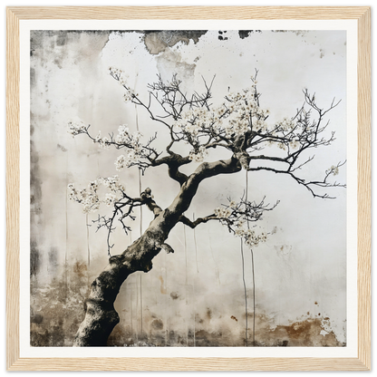 Twisted tree branch with blossoms on weathered surface from Blossom Yin Reverie framed wall art