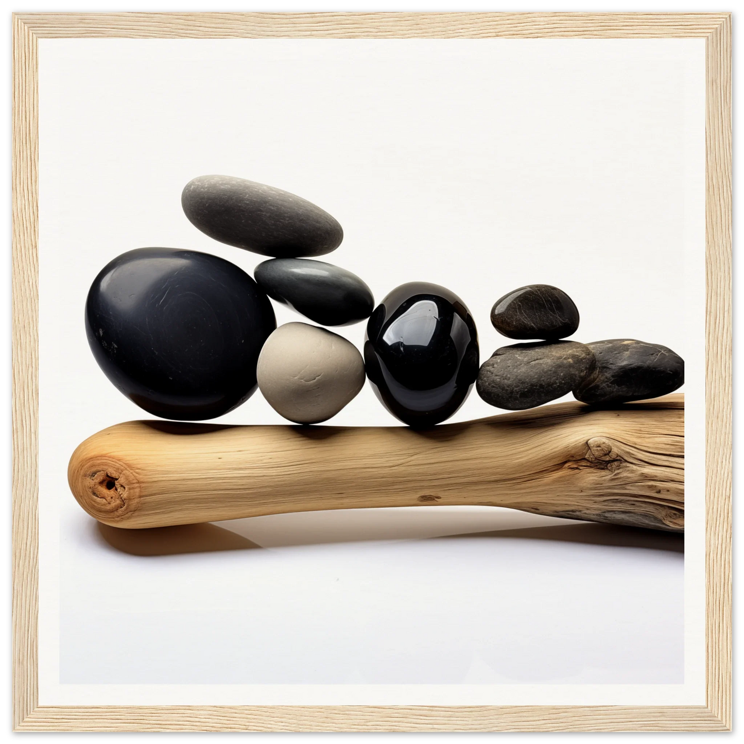 Smooth black and gray stones on driftwood for Zen Balance Riffs framed posters