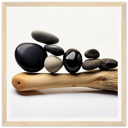 Smooth black and gray stones on driftwood for Zen Balance Riffs framed posters