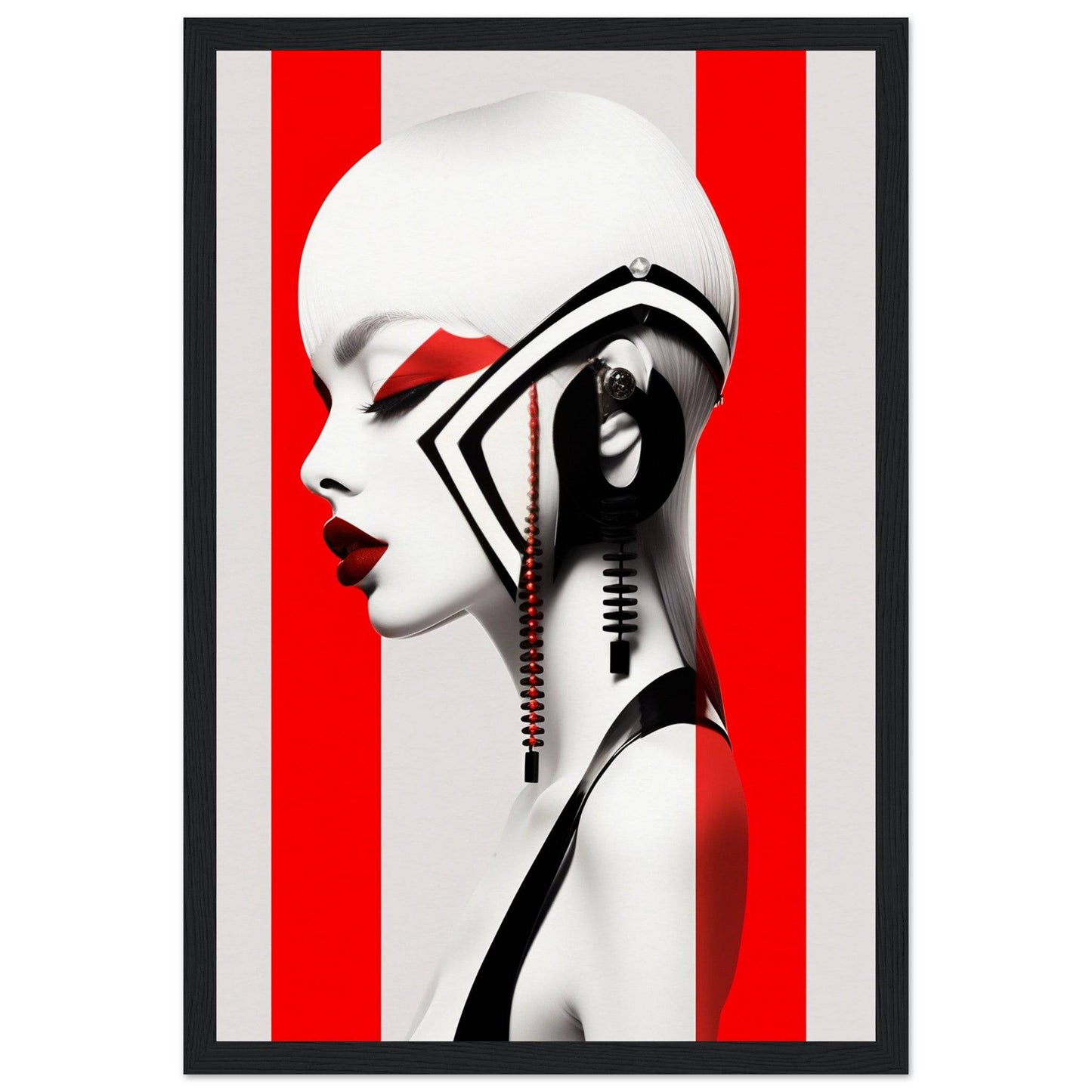 Stylized portrait of a figure with bold red and white stripes, featuring dramatic makeup and an avant-garde headdress.