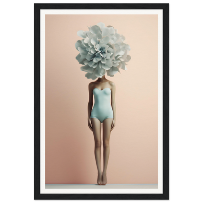 Surreal figure with a giant pale blue flower for a head, wearing a light blue swimsuit.