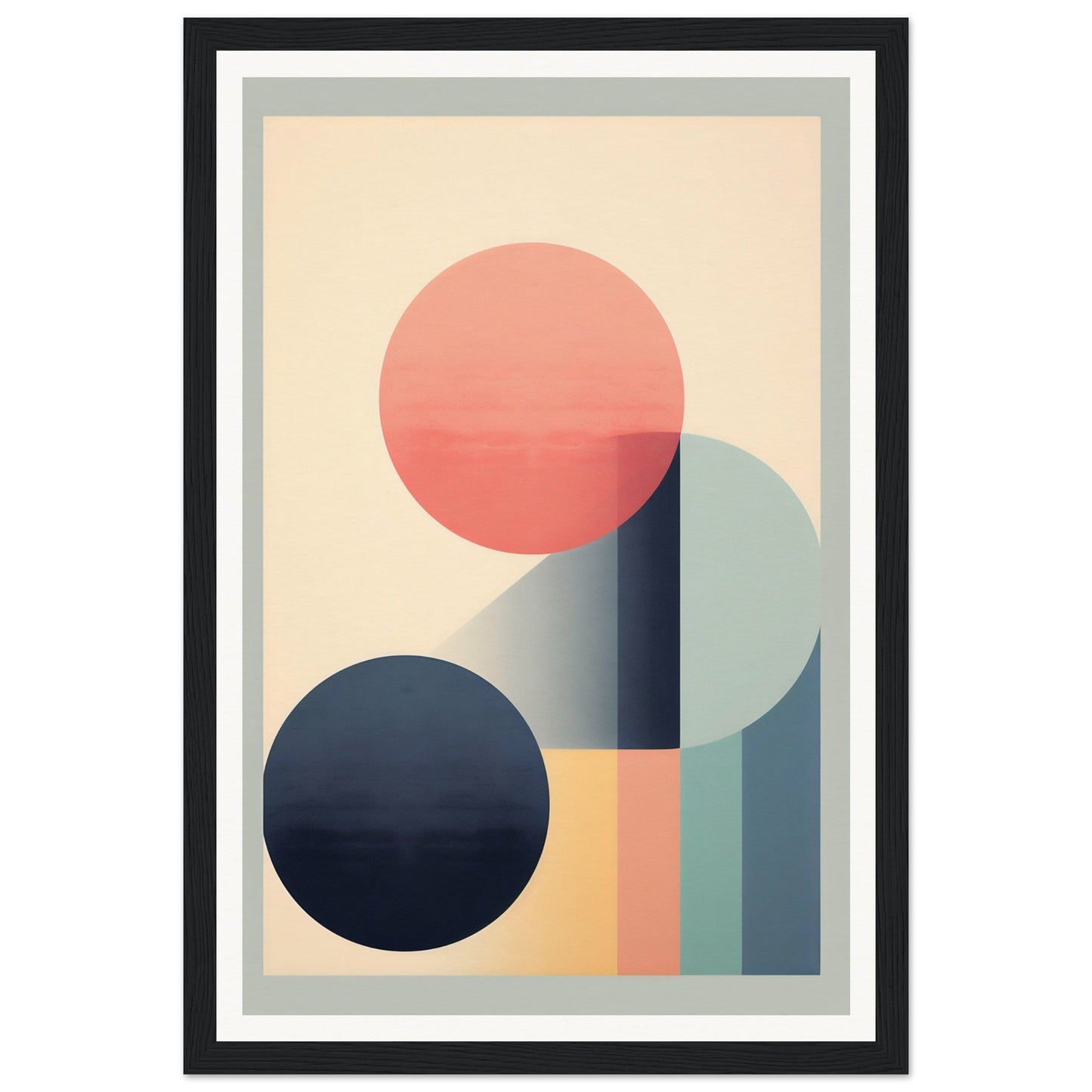 Abstract geometric artwork featuring circles and rectangular shapes in muted pastel colors.