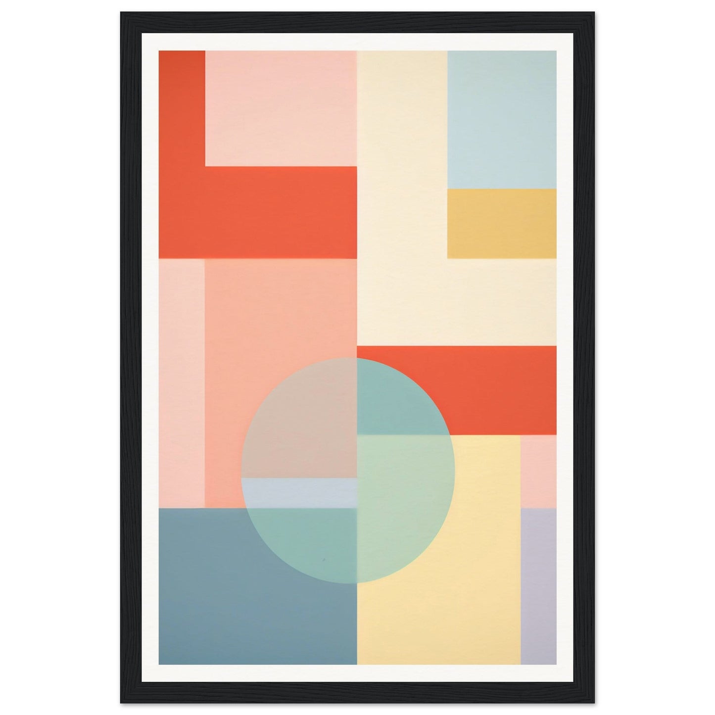 Abstract geometric artwork featuring pastel-colored shapes and blocks in a minimalist composition.