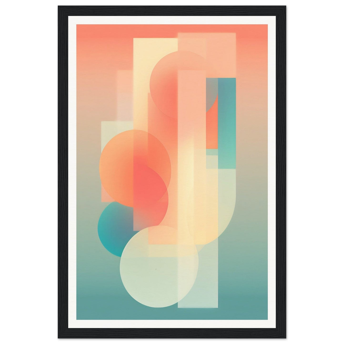 Abstract geometric artwork featuring overlapping shapes in soft pastel colors.