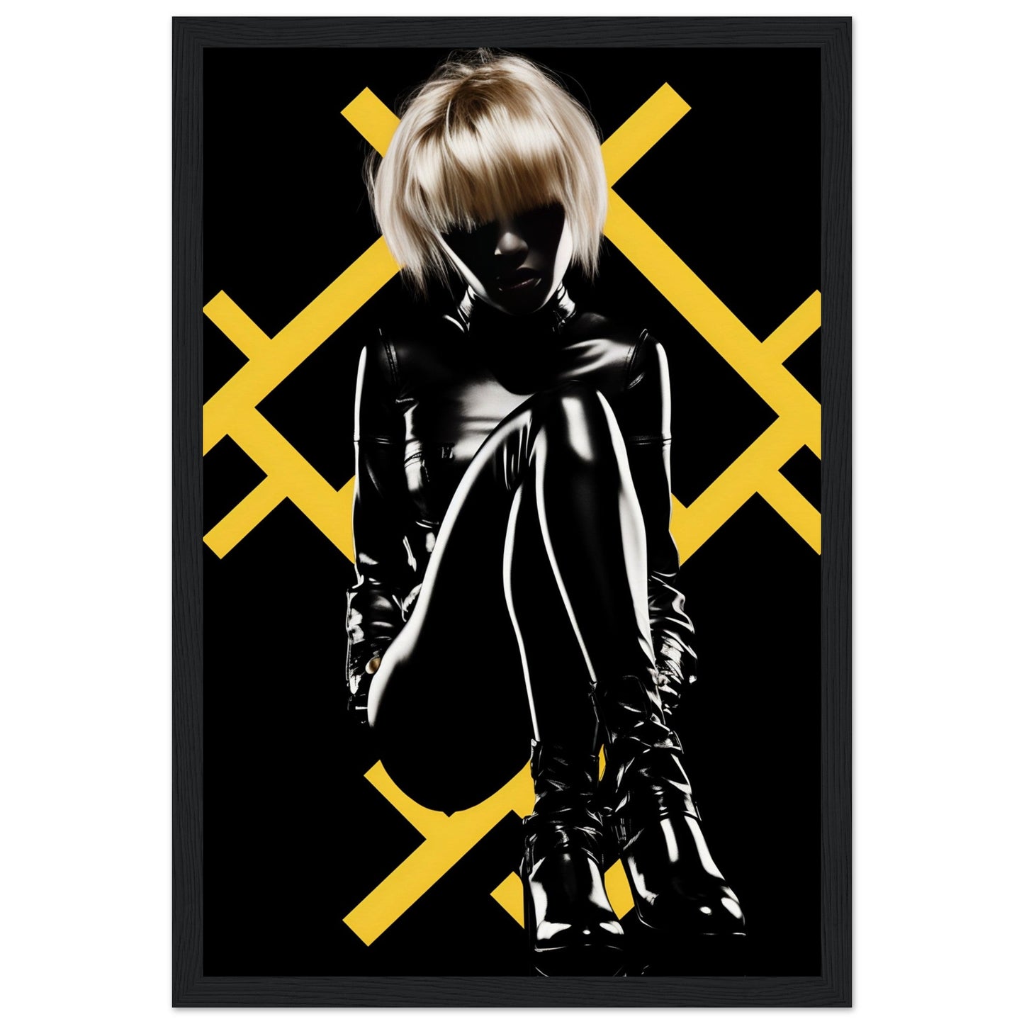 Silhouetted figure in shiny black clothing against a backdrop of yellow X shapes.