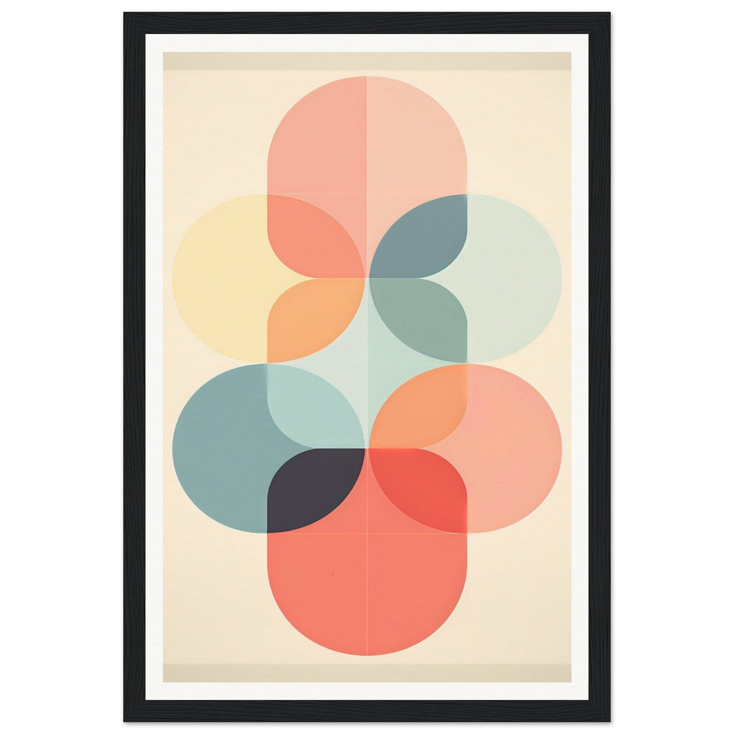 Abstract geometric artwork featuring overlapping circular shapes in pastel colors.