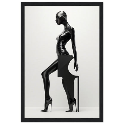 Stylized black silhouette of a slender female figure in high heels striking a dramatic pose.