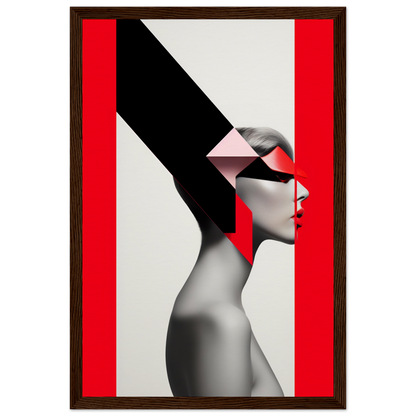 Stylized profile portrait of a person with geometric shapes and bold red accents.