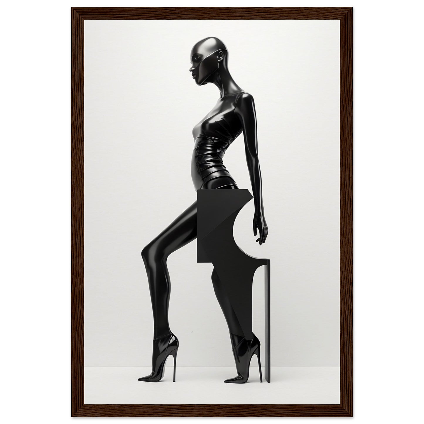 Stylized black silhouette sculpture of an elongated female figure in a dramatic pose wearing high heels.