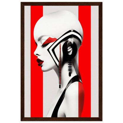 Stylized profile portrait of a woman with striking makeup and avant-garde headpiece against a red and white striped background.