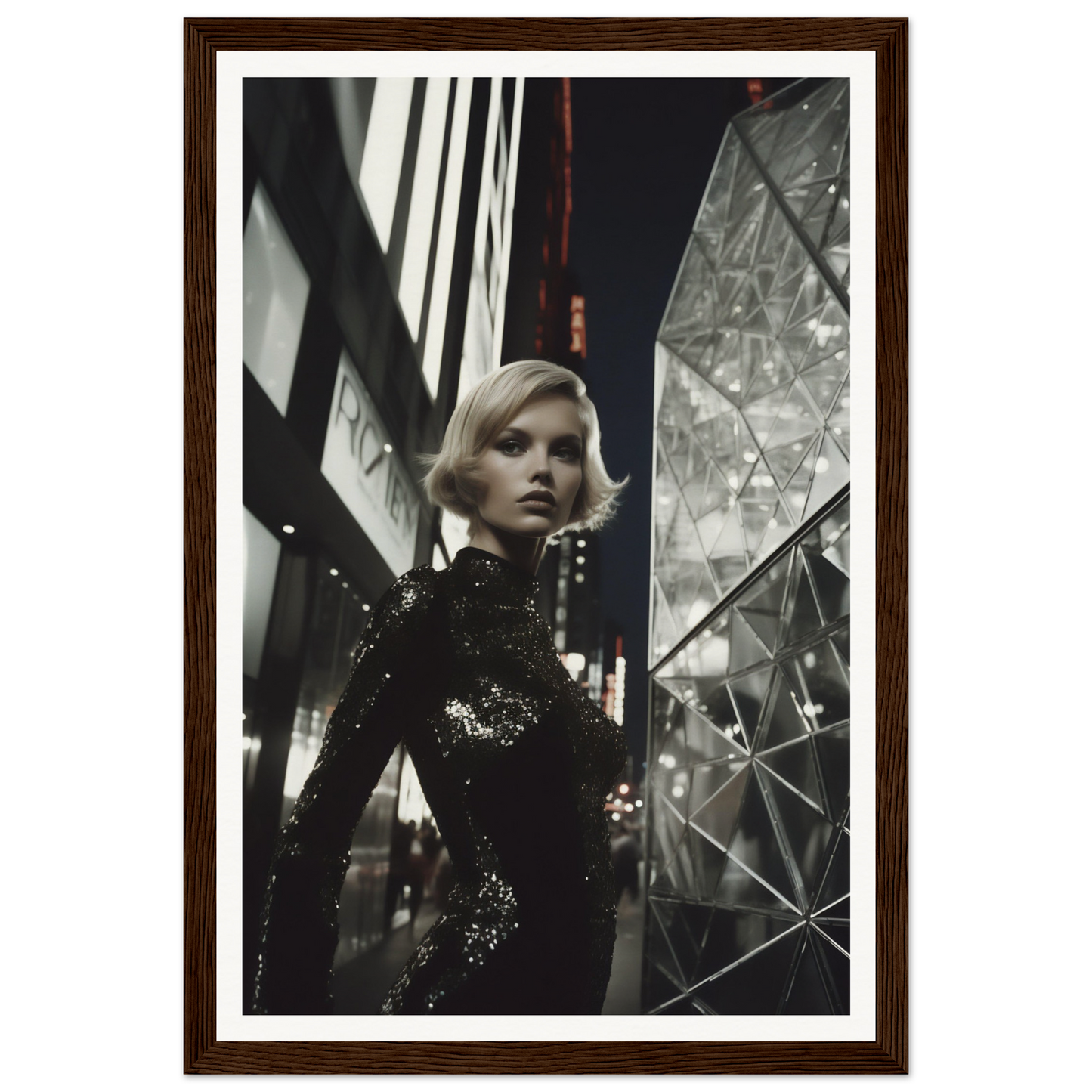 A blonde woman in a sparkling black dress standing amid reflective surfaces.