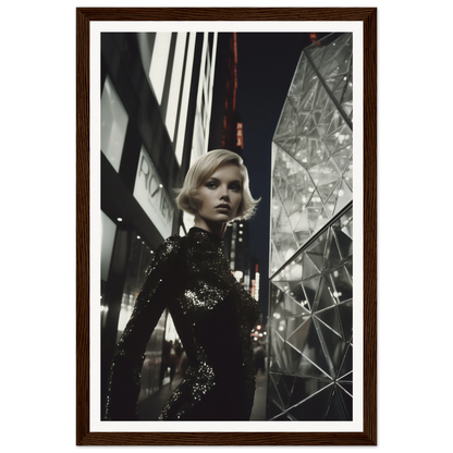 A blonde woman in a sparkling black dress standing amid reflective surfaces.