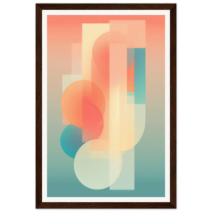 Abstract geometric artwork featuring soft pastel shapes and gradients in coral, teal, and cream tones.