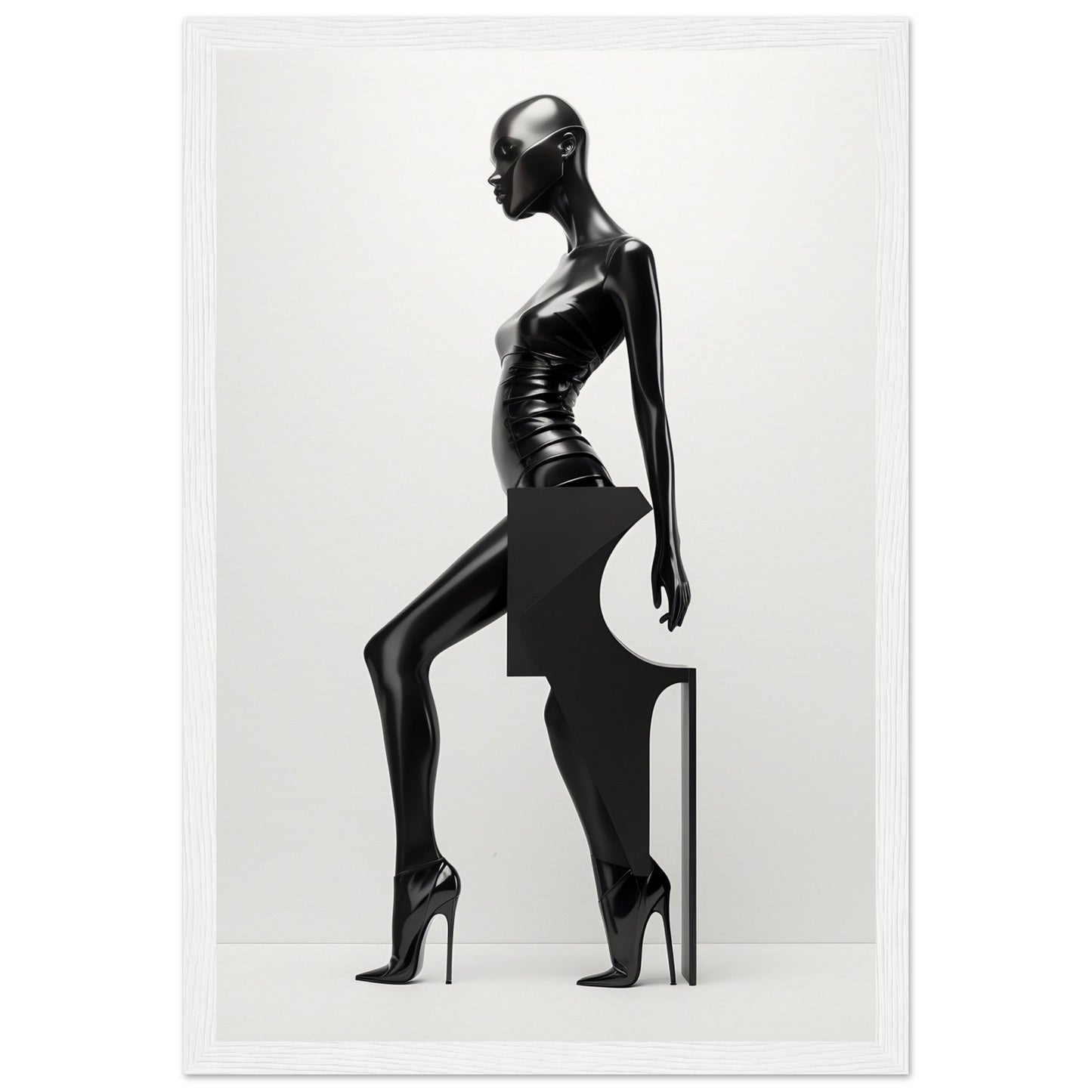 Stylized black sculpture or figurine of an elongated female form in a dramatic pose wearing high heels.