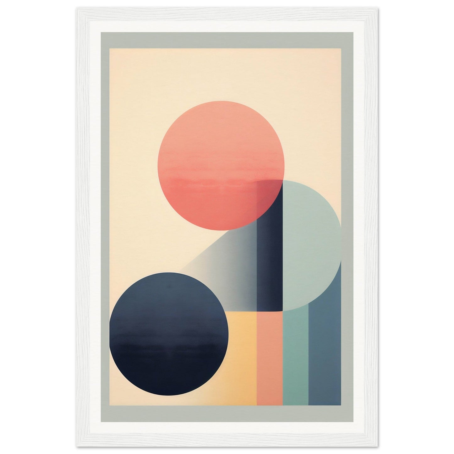 Abstract geometric artwork featuring circles and rectangular shapes in muted pastel colors.