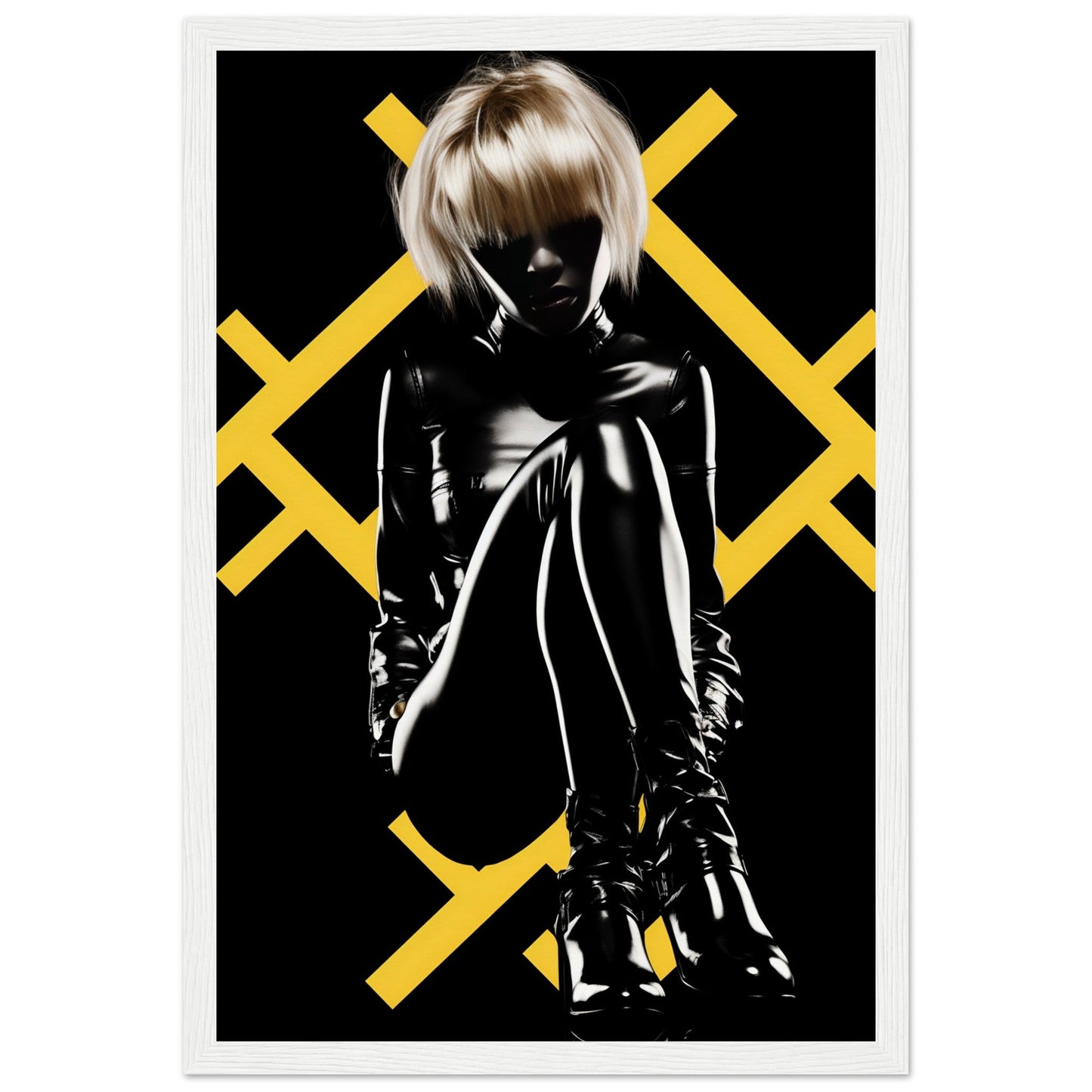 Silhouetted figure in shiny black clothing against a backdrop of yellow X shapes.