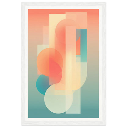 Abstract geometric composition featuring overlapping translucent shapes in soft pastel colors.