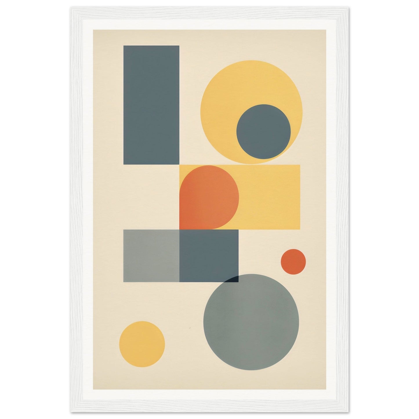 Abstract geometric artwork featuring circles, rectangles, and squares in muted colors.