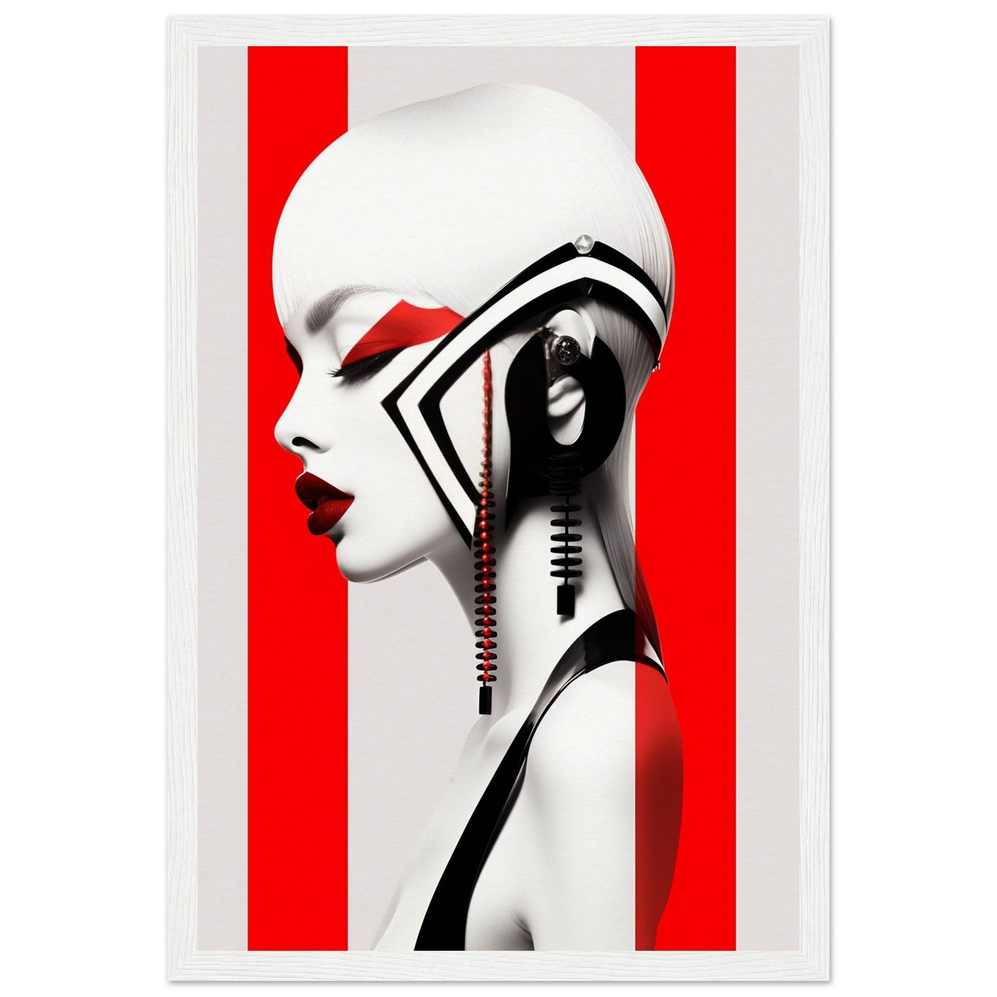 Stylized profile portrait of a woman with dramatic black and white makeup and geometric accessories against a red and white background.