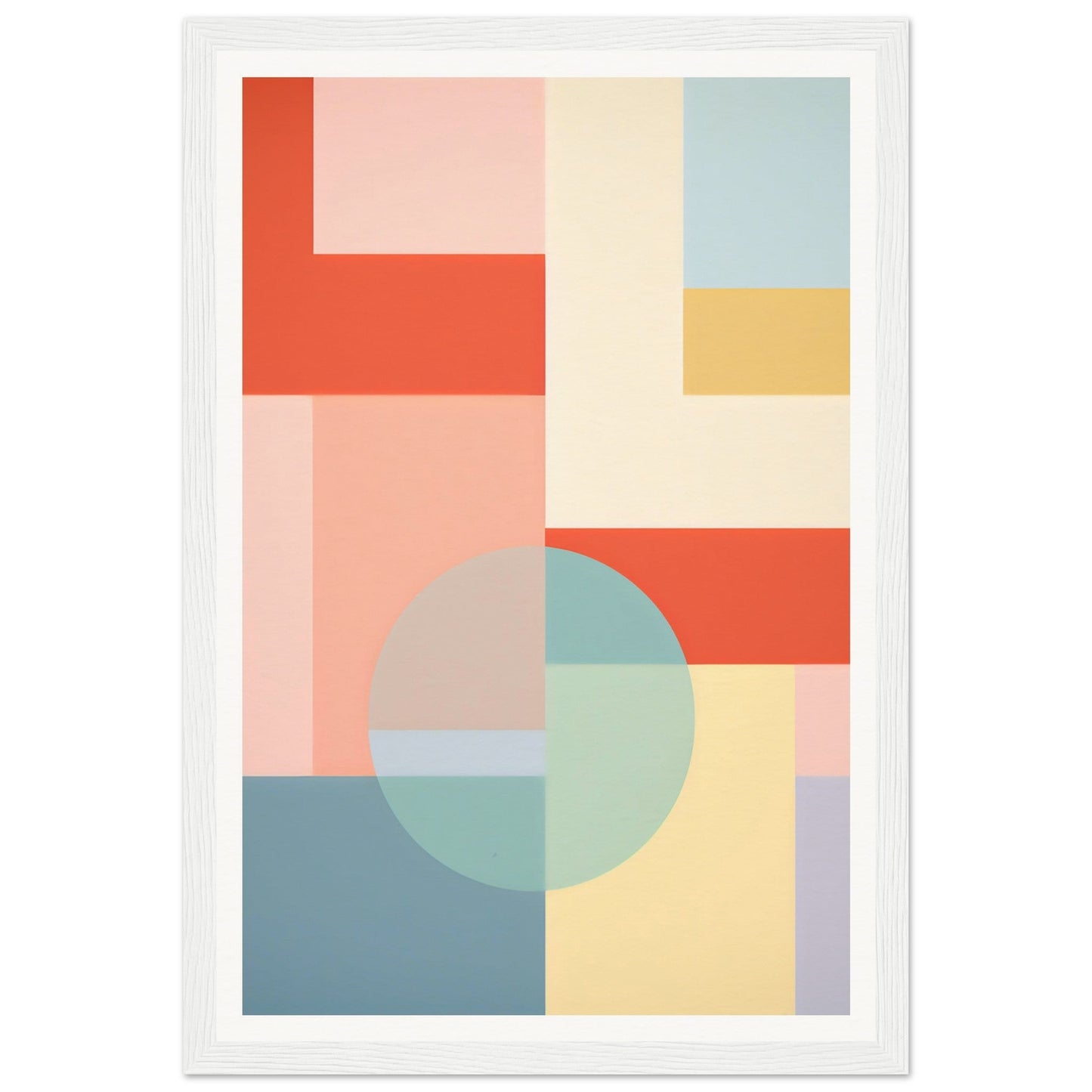 Abstract geometric artwork featuring pastel-colored shapes and blocks in a minimalist composition.