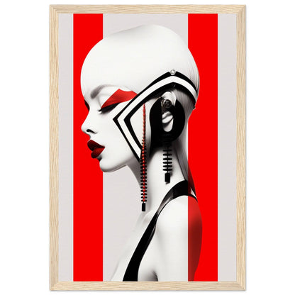 Stylized portrait of a woman with bold red and white contrasts, featuring geometric shapes and dangling earrings.