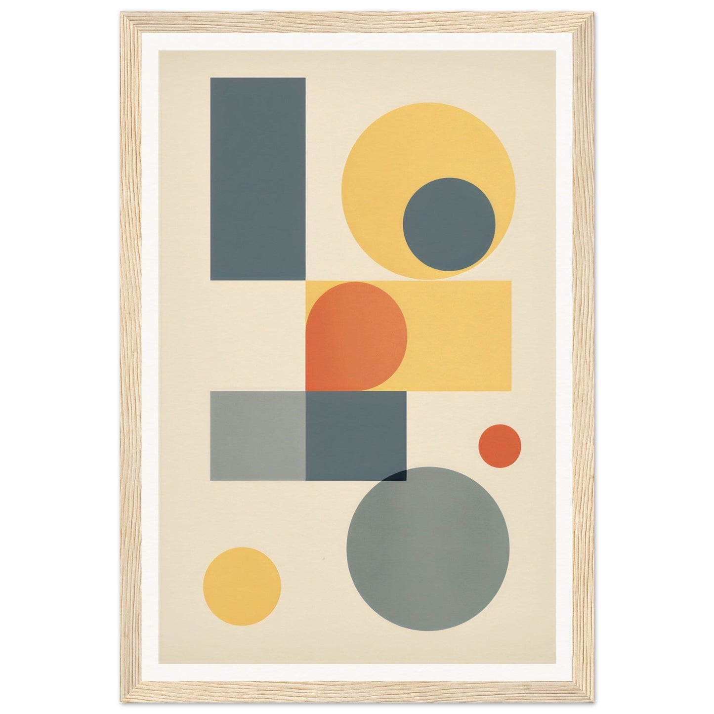 Abstract geometric artwork featuring circles, rectangles, and squares in muted colors.