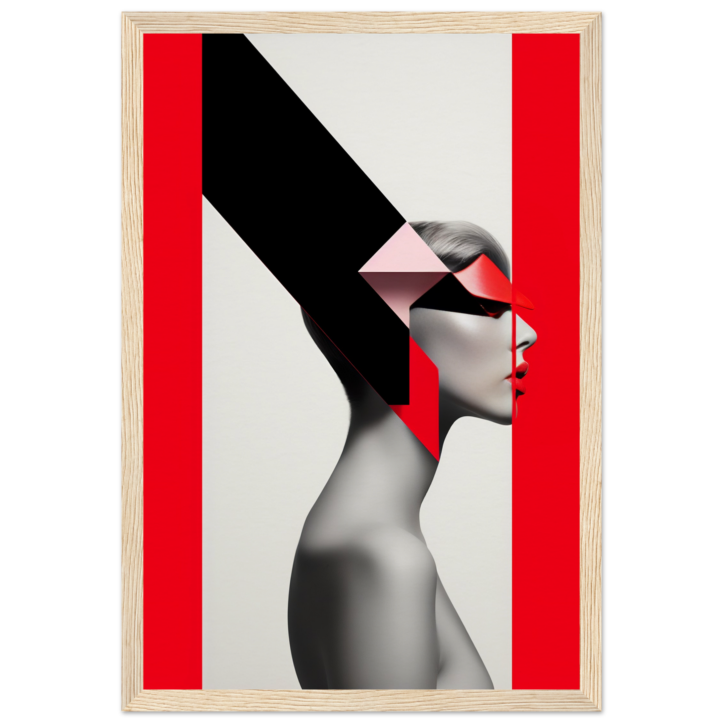 Stylized profile portrait combining geometric shapes and a grayscale figure against a red and white background.