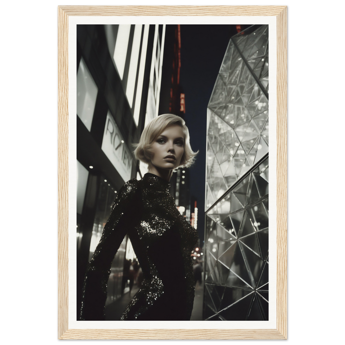 Blonde woman in a sparkling black dress standing amid reflective surfaces.