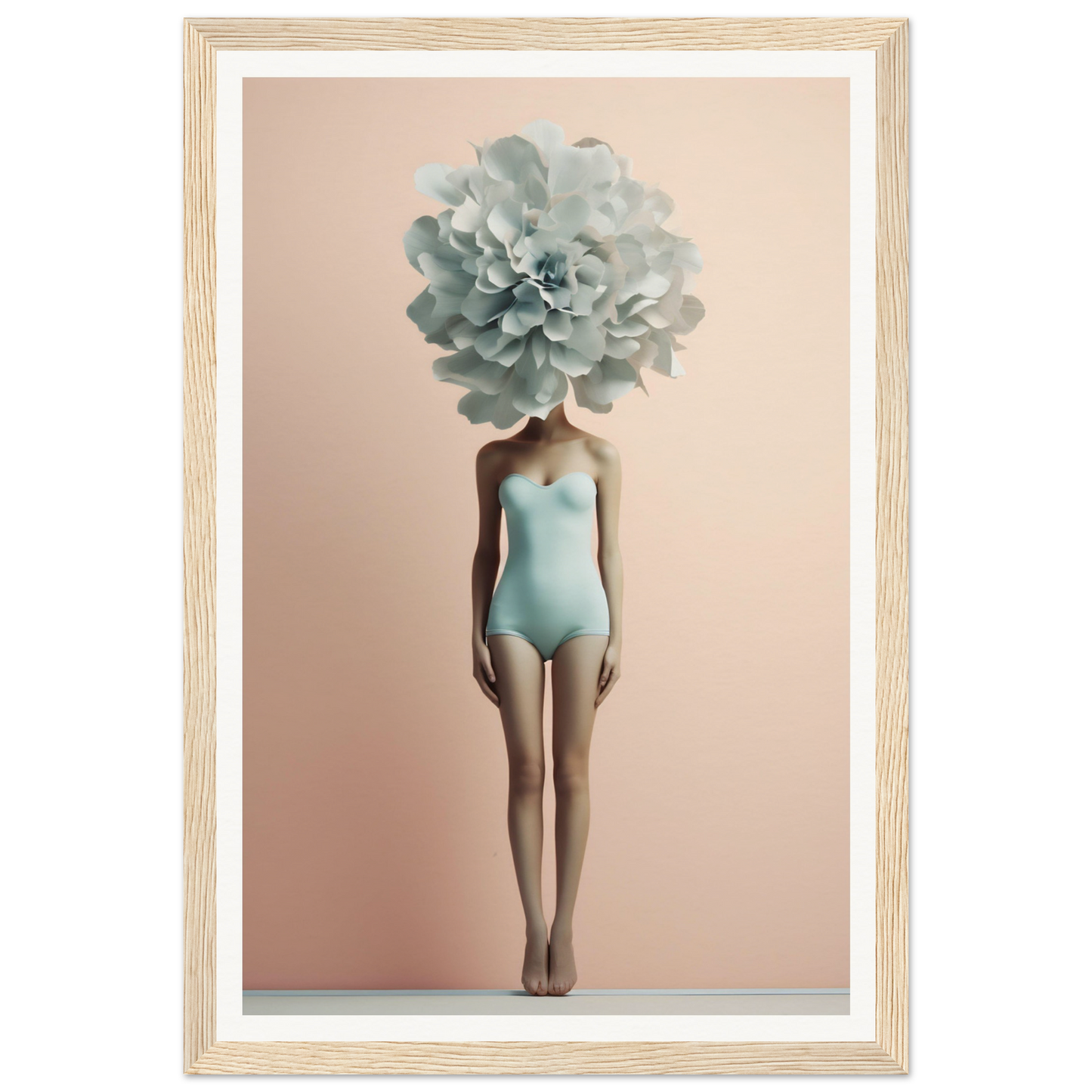 Figure in a light blue swimsuit with a large pale green flower in place of a head.