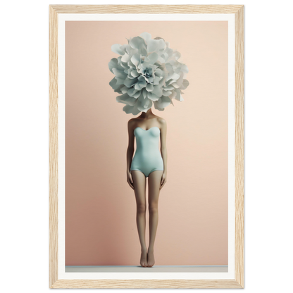 Figure in a light blue swimsuit with a large pale green flower in place of a head.