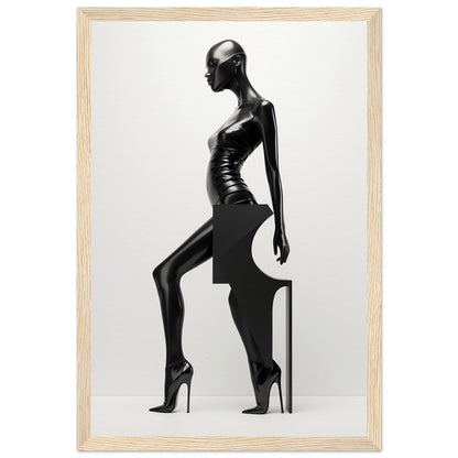 Stylized black mannequin figure in a striking pose wearing high heels.