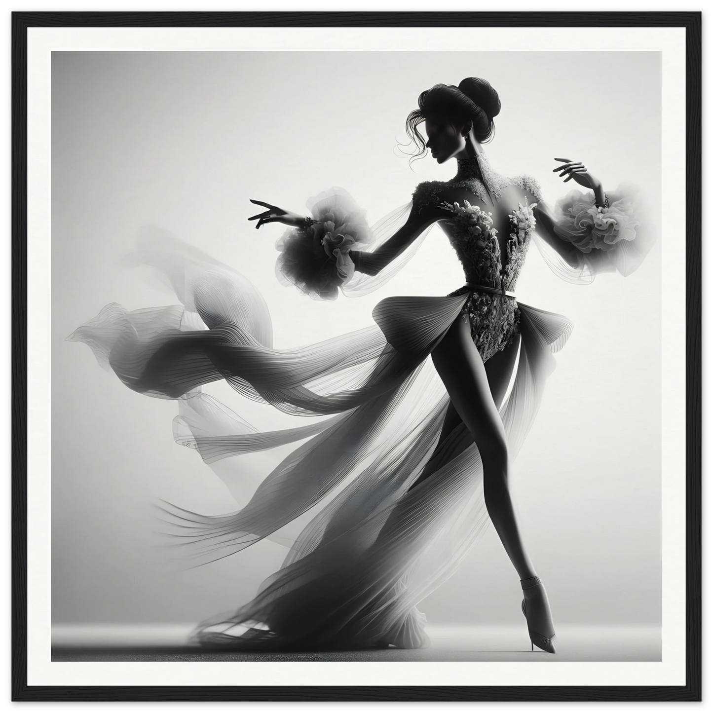 Graceful dancer in flowing dress striking an elegant pose for Dancing Lightstreams Afloat