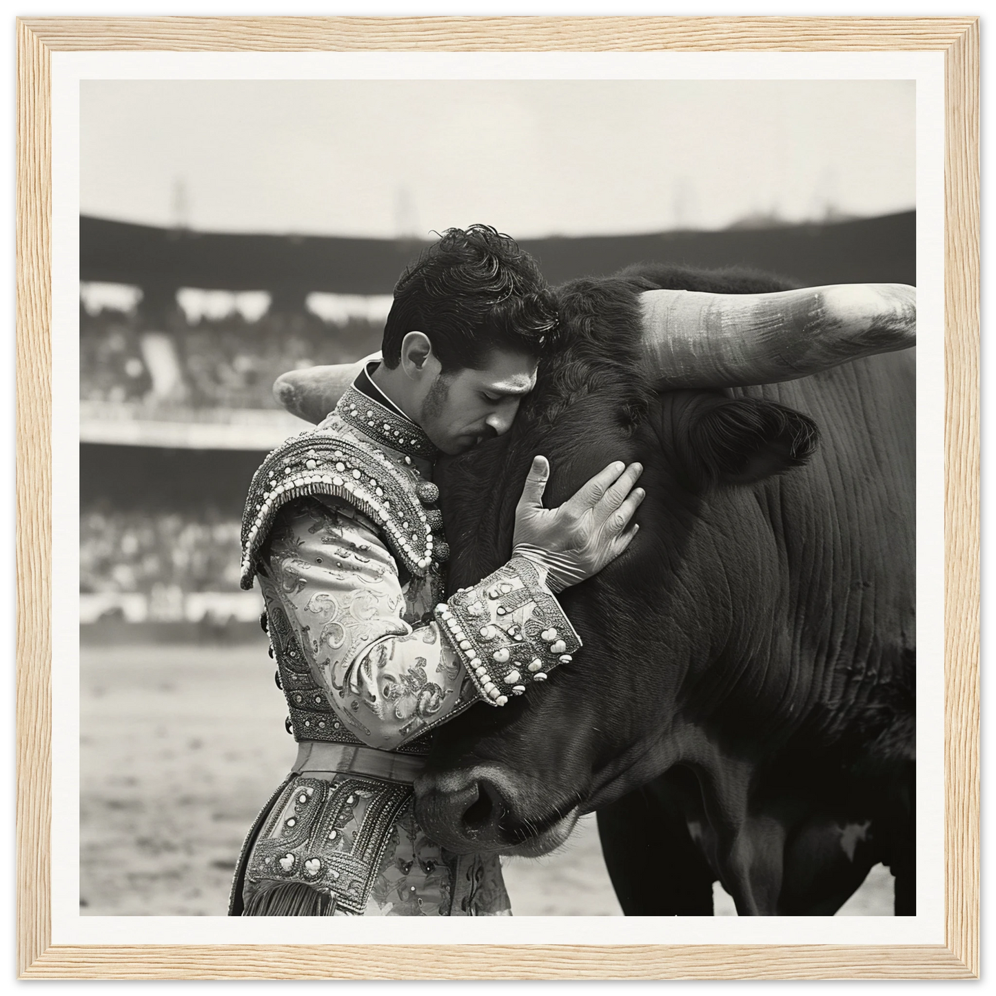 Matador in ornate suit embracing bull’s head in Bovine-passo Solo framed wall art