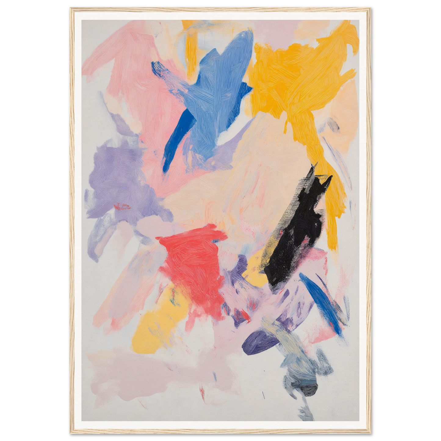 Framed abstract painting with colorful, bold brushstrokes, perfect for room decor.