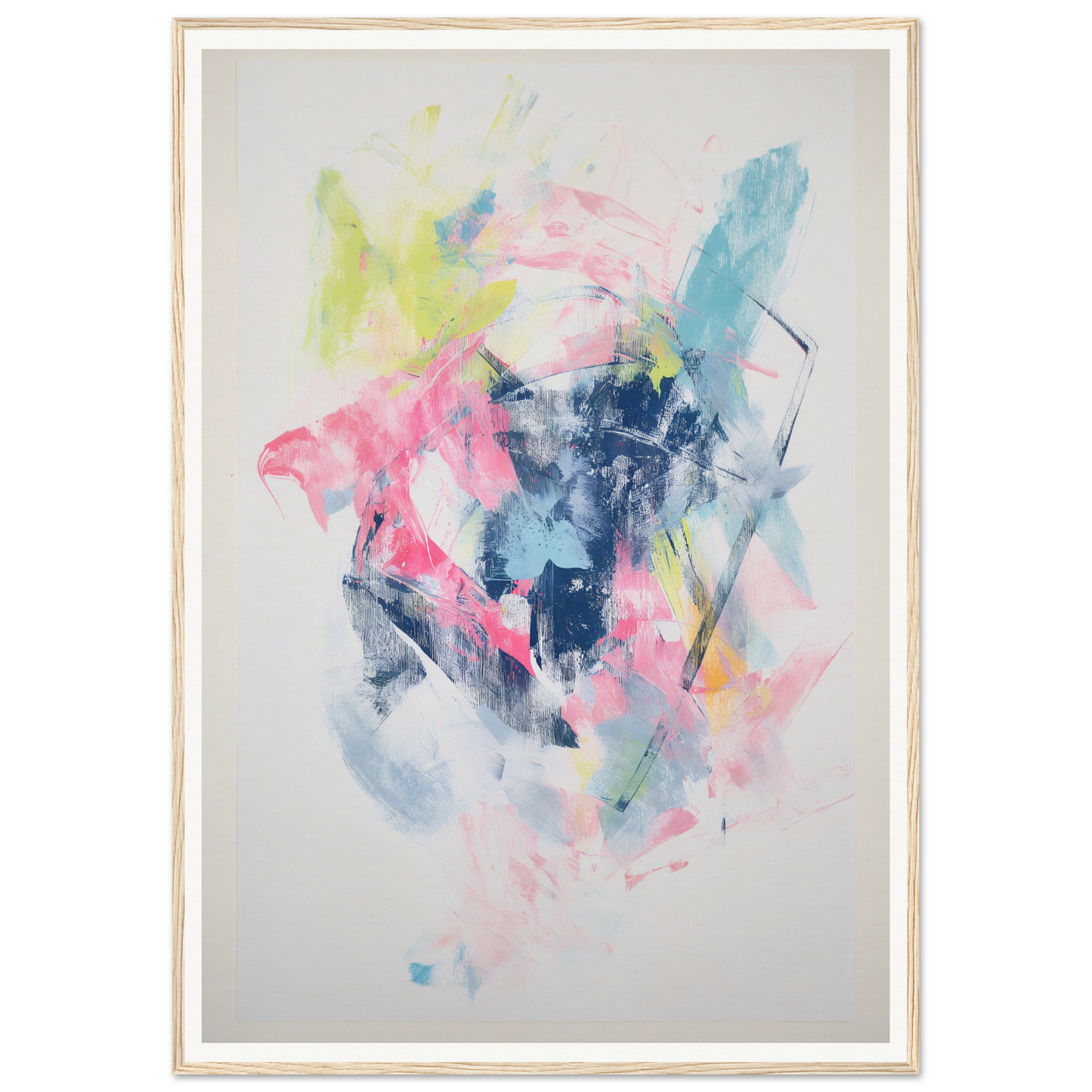 Framed wall art: abstract painting with pink, blue, green, and yellow brushstrokes.