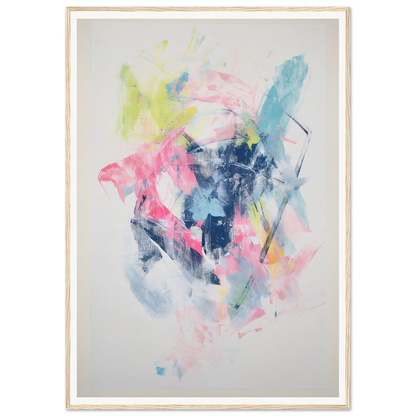 Framed wall art: abstract painting with pink, blue, green, and yellow brushstrokes.