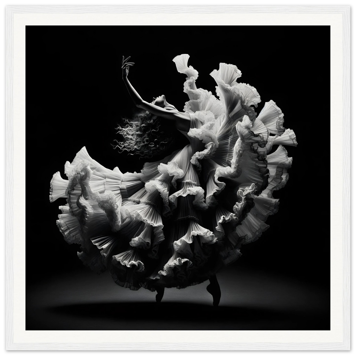 A flowing white dress dances in motion with Ecstatic Twirl Shadows framed poster