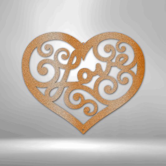 Ornate heart-shaped design with swirling patterns and the word ’Love’ incorporated.